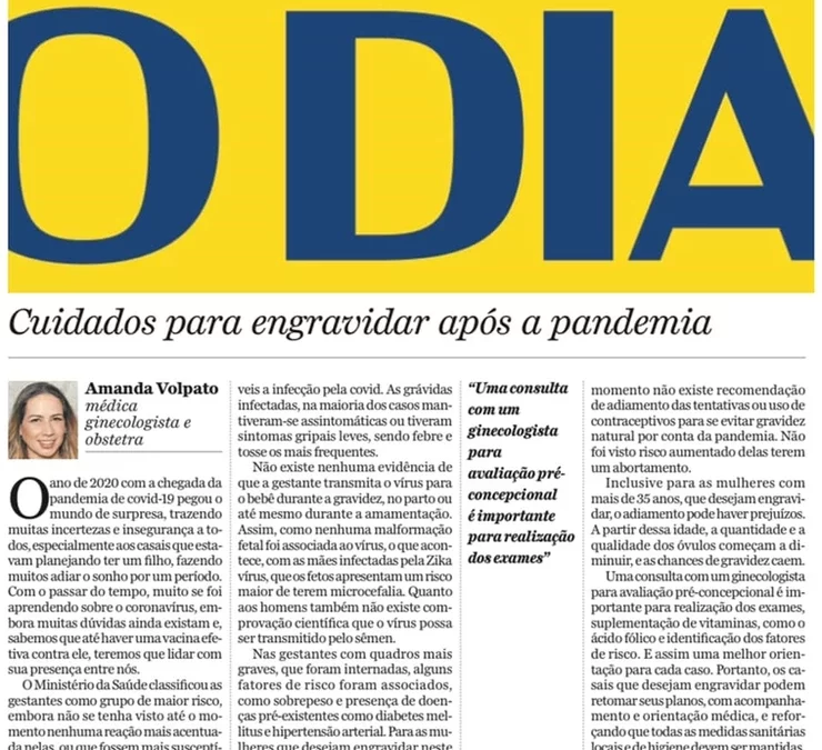 Matéria no Jornal O Dia – Sobre Cuidados para Engravidar após Pandemia