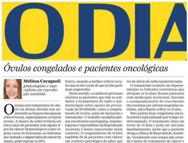 Matéria no Jornal O Dia sobre Congelamento de óvulos em pacientes oncológicas